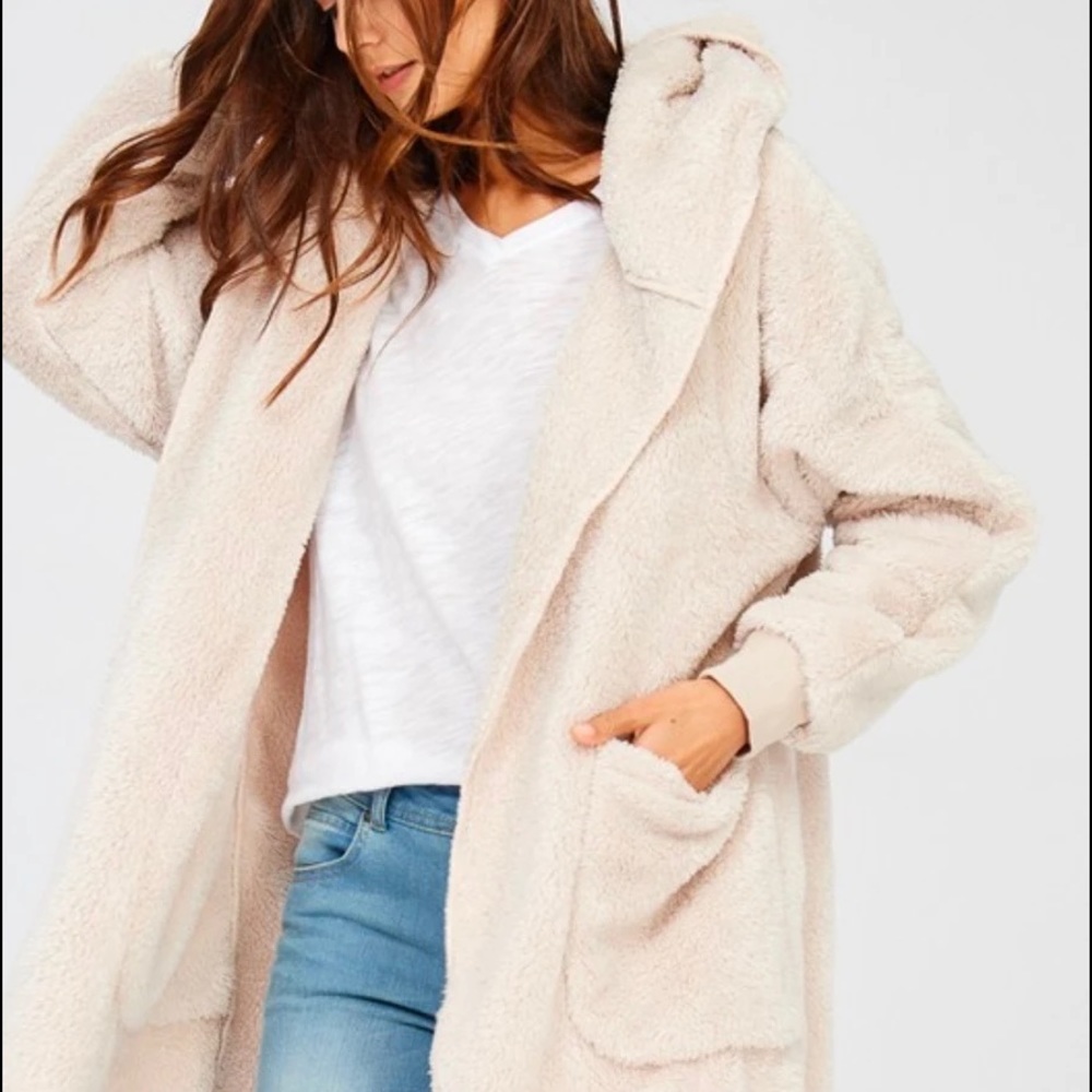 Open Front Faux Fur Sherpa Cardigan With Hoodie in Taupe - M/L